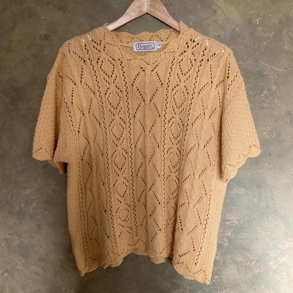 Vintage Dunedin Soft Knit Crochet Short Sleeve Sweater